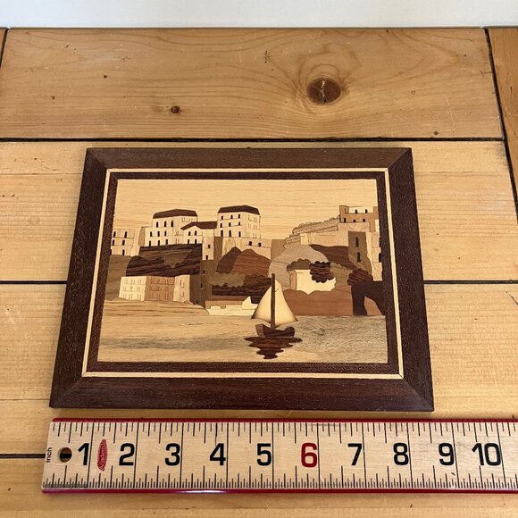 Wooden Marquetry Wall Hanging Picture Mediterranean Town Boat Scene Inlay Wood - Picture 2 of 3